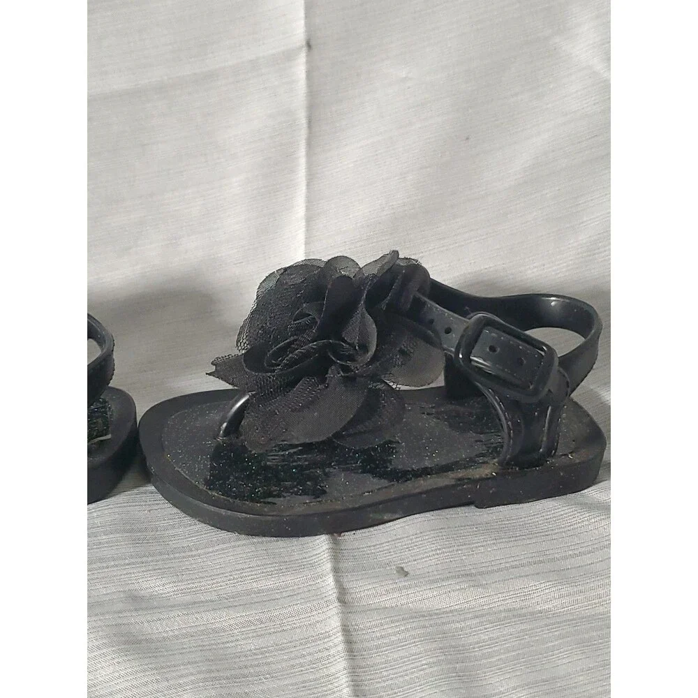 Baby Girl Black Jelly Sandals‎ W/Flower (Size 3) Spring/Summer/Easter/Beach - Picture 4 of 16